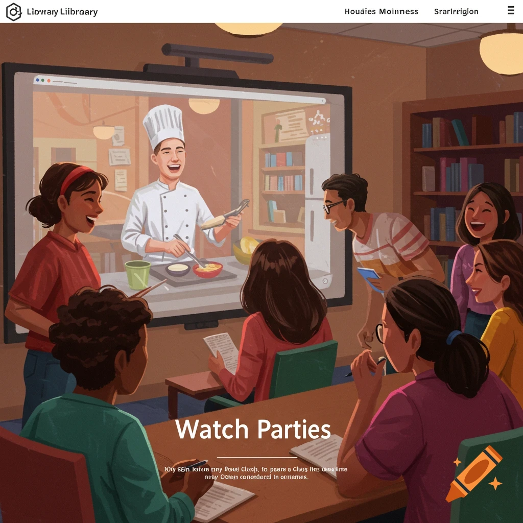 Diverse people are watching a cooking class on a large screen in a library.