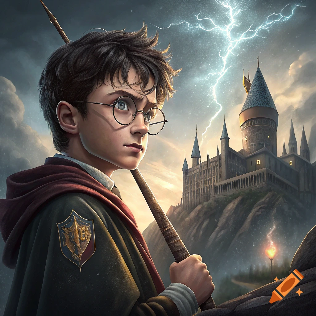 An illustration of Harry Potter holding a wand in front of Hogwarts castle under a lightning storm.