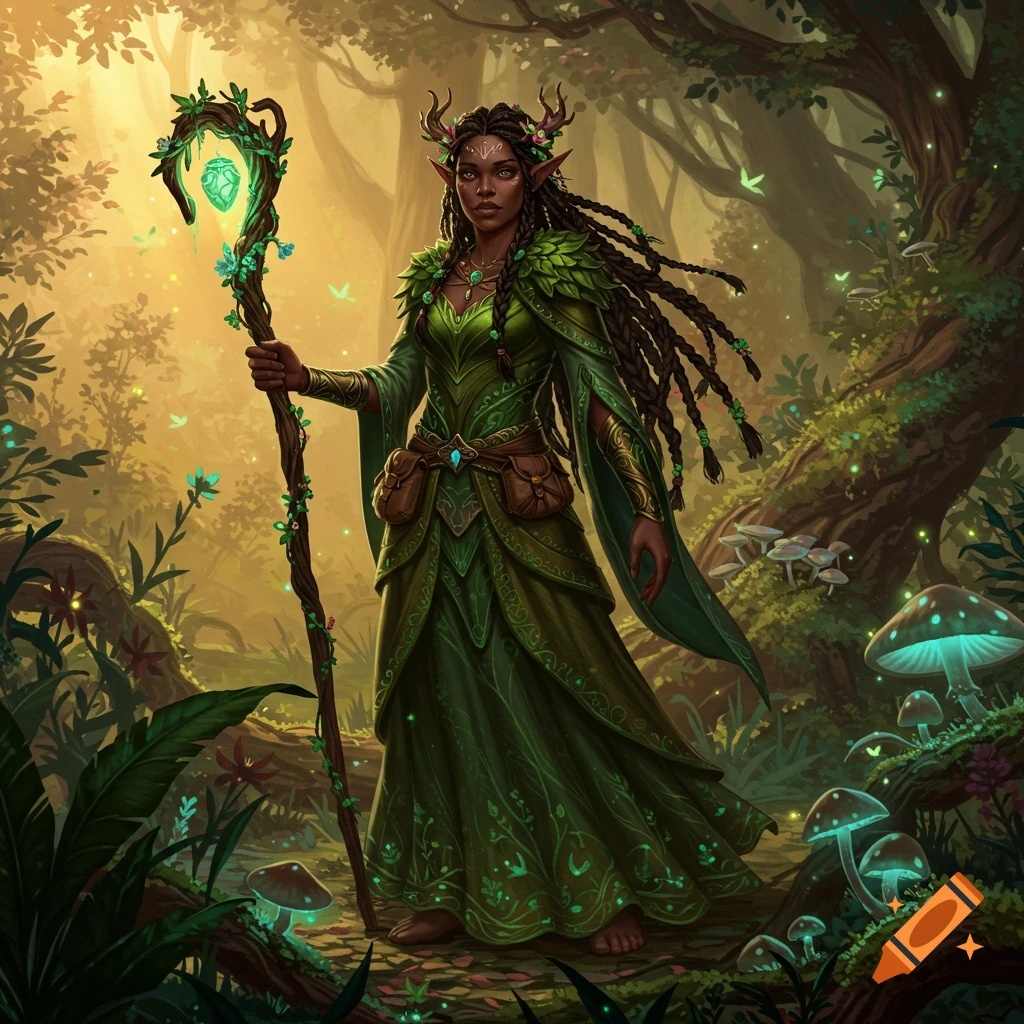 Fantasy illustration of a dark-skinned female eladrin druid in a forest.