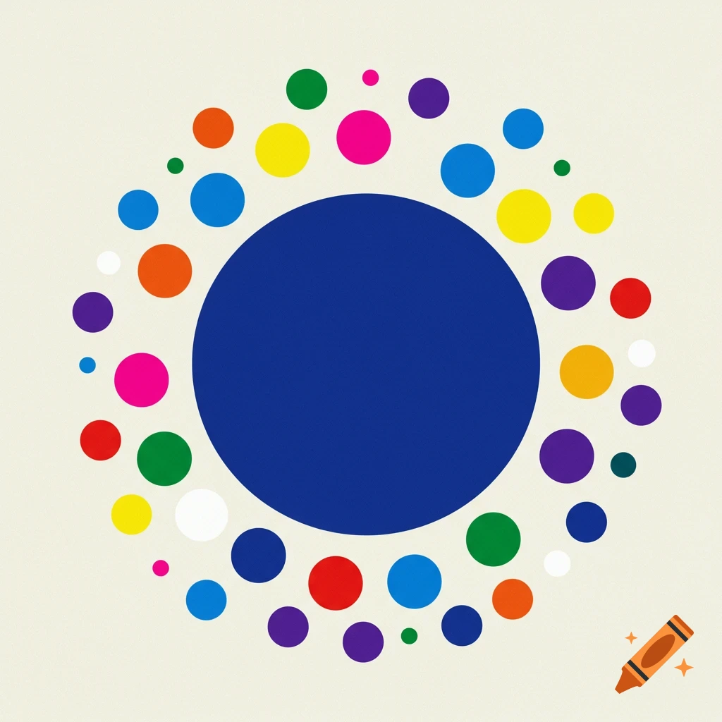 A large blue circle is surrounded by a ring of smaller colorful circles on a light background.