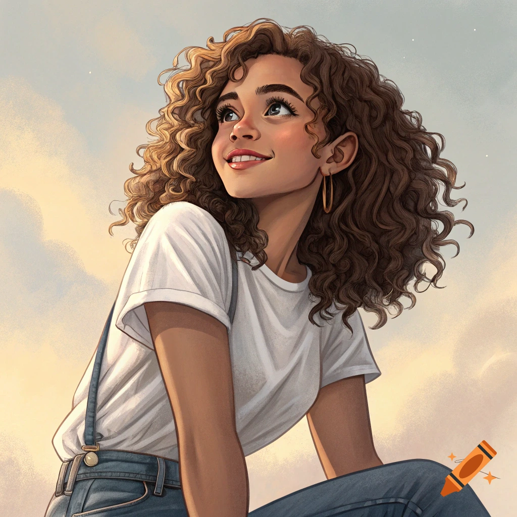 A stylized illustration of a young woman with curly brown hair looking up at the sky.