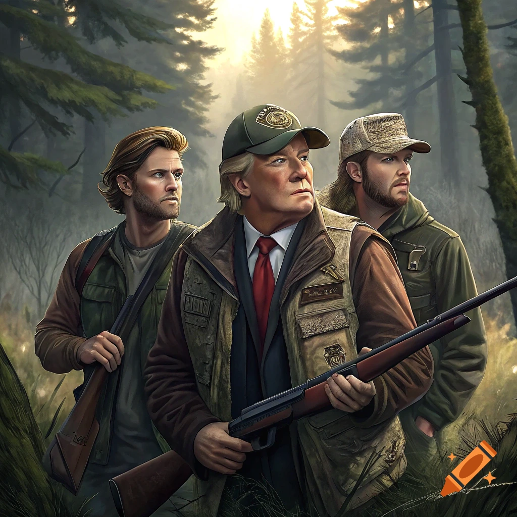 Three men resembling Jensen Ackles, Jared Padalecki, and Donald Trump are hunting in a forest.