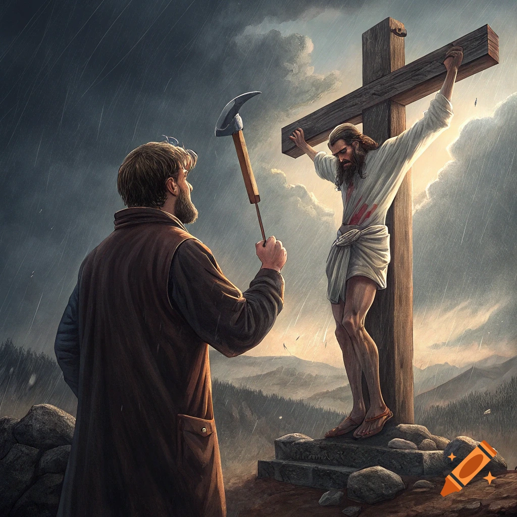 A man with a hammer faces Jesus on the cross under a stormy sky.
