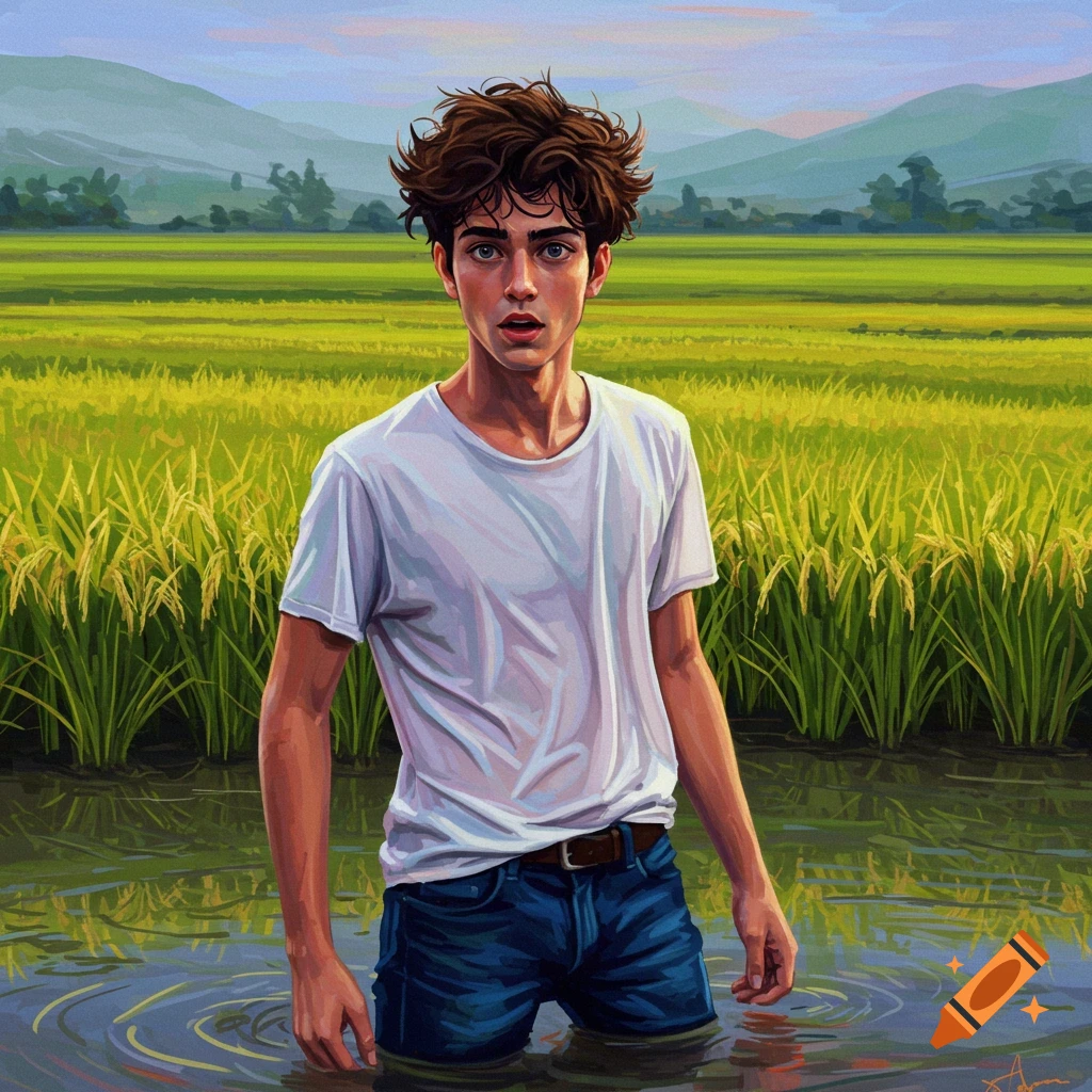 A young man standing in a rice field.