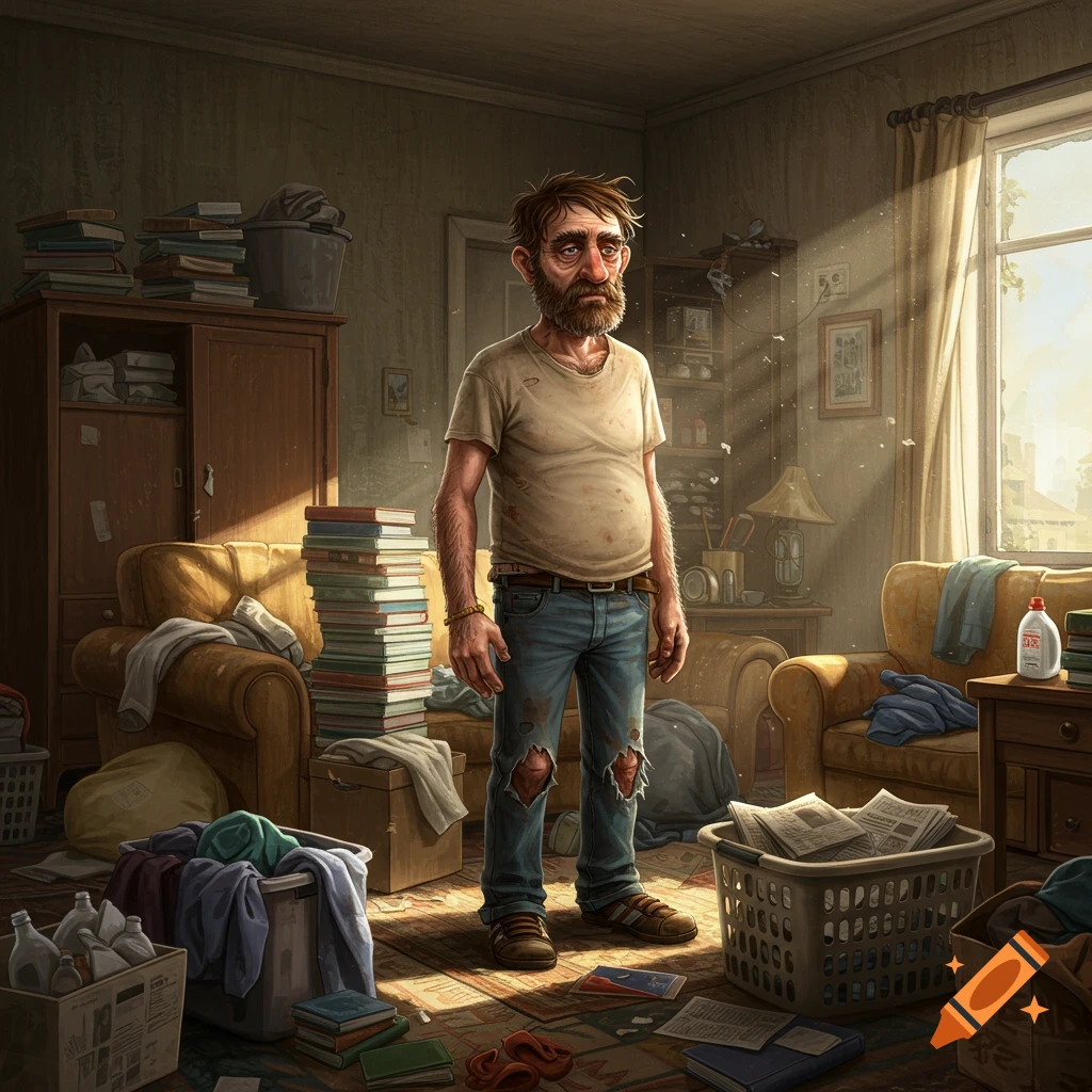 A dishevelled man stands in a messy, sunlit living room cluttered with books, clothes, and trash.