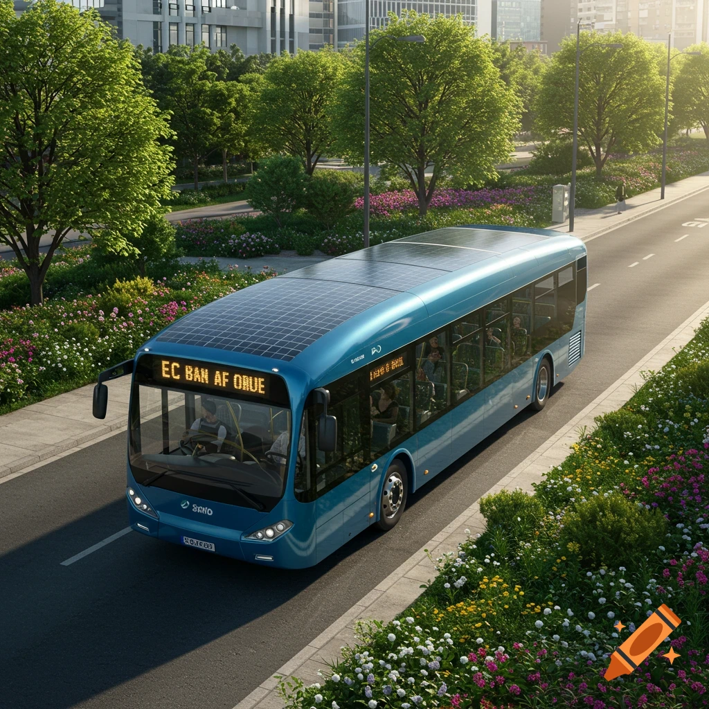 A blue solar-powered bus drives on a road lined with trees and flowers in a city scene.