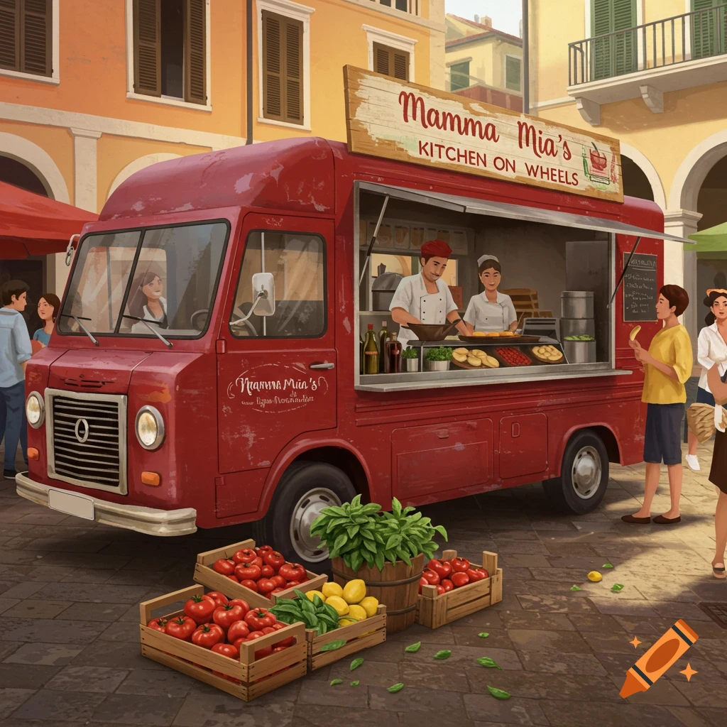 A red Italian food truck serves customers in a town square.