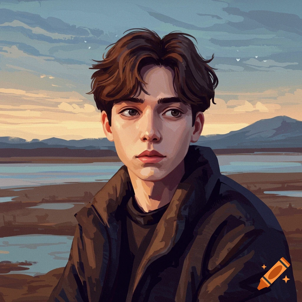 A young man looking left against a landscape.