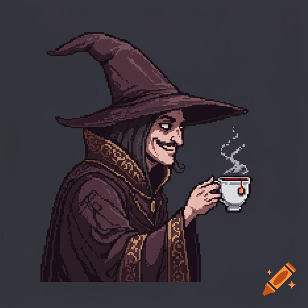 Pixel art drawing of a shady mage holding a cup of tea.