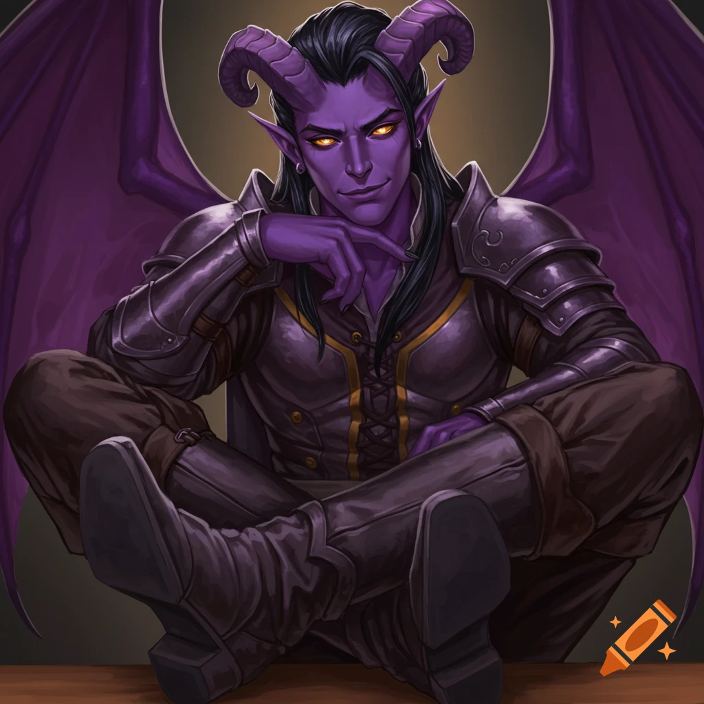 A male tiefling character in armor sitting with feet up, looking at the viewer.
