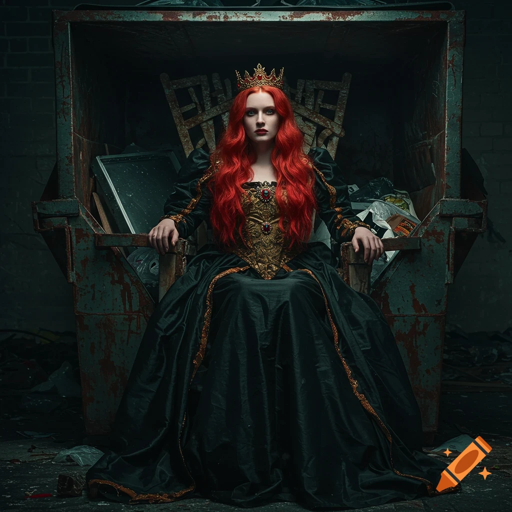 A red-haired woman in a royal dress and crown sits regally in a large dumpster.