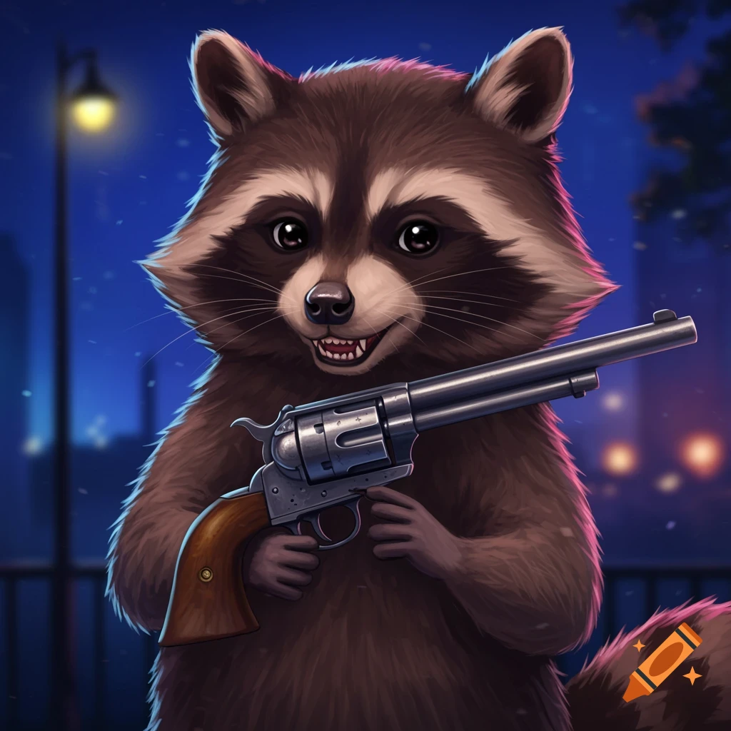 A cartoonish raccoon is holding a vintage revolver in a night cityscape.