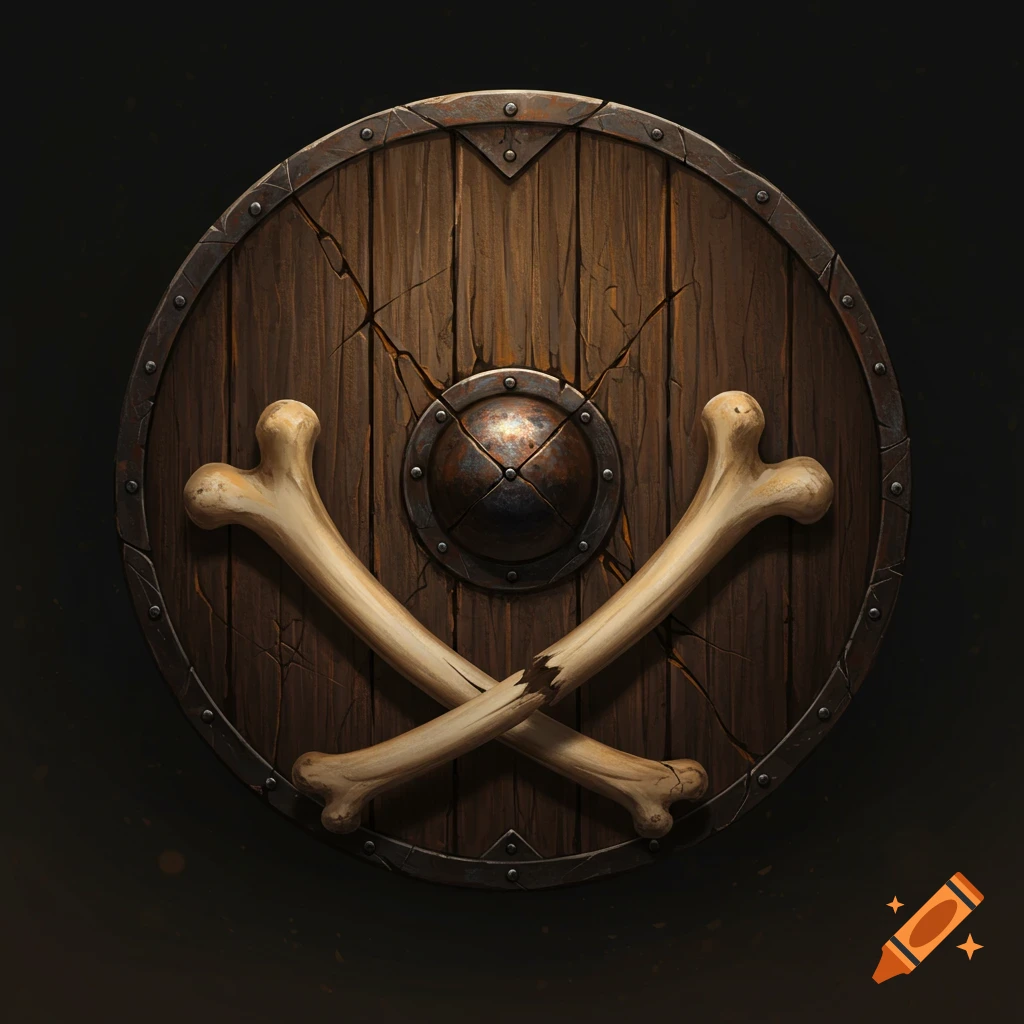 A cracked wooden shield with metal trim, featuring two crossed bones in front, one of which is broken.