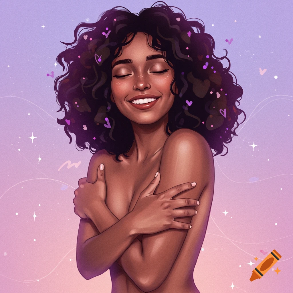 A smiling woman hugging herself, with closed eyes, against a pink and purple background.