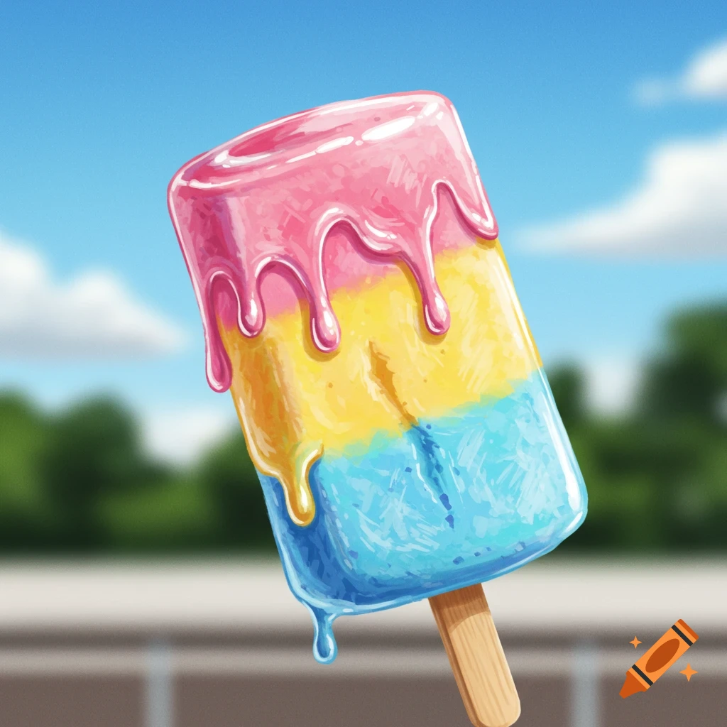 A melting popsicle with pink, yellow, and blue layers on a stick.
