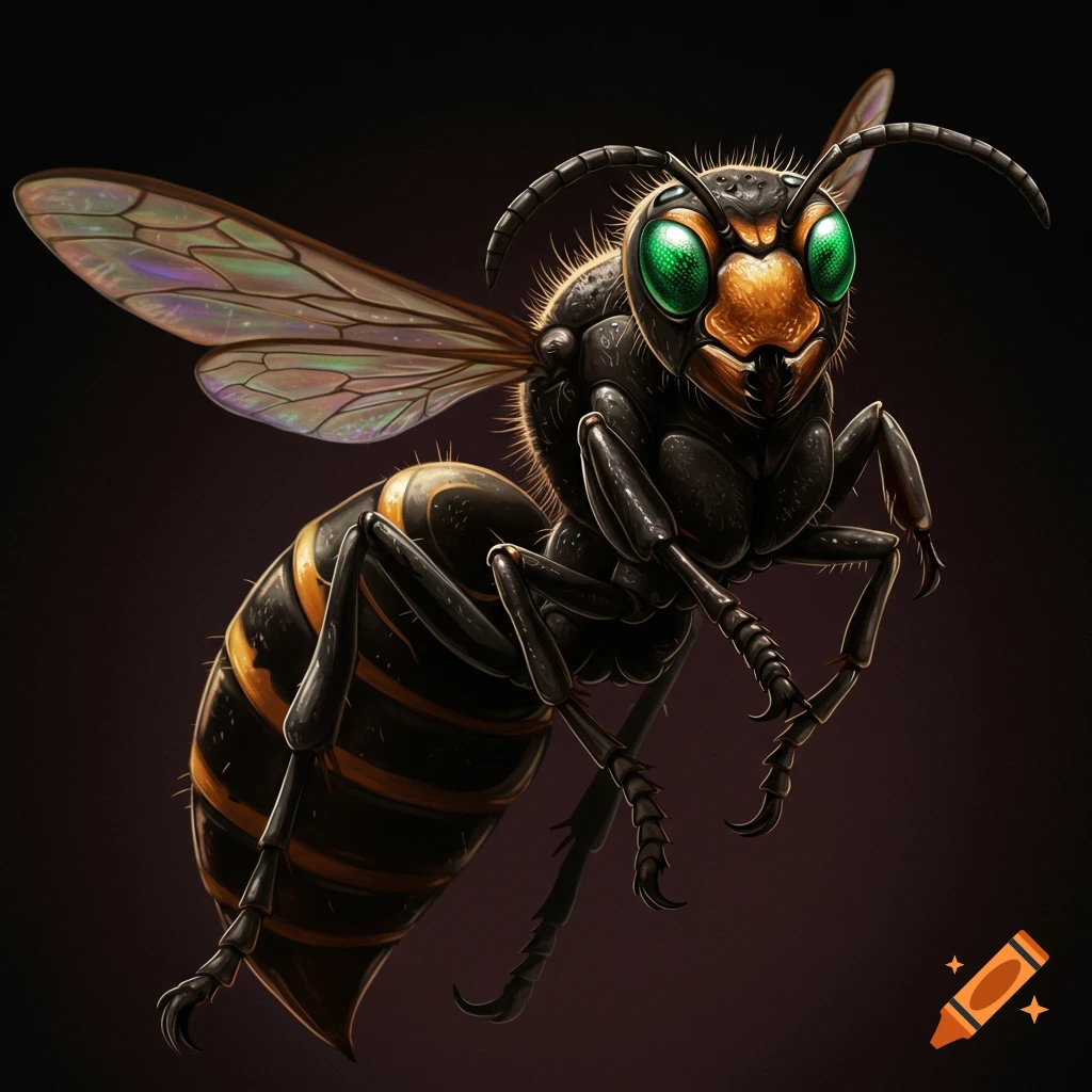 A hornet with large green eyes hovers in the air.