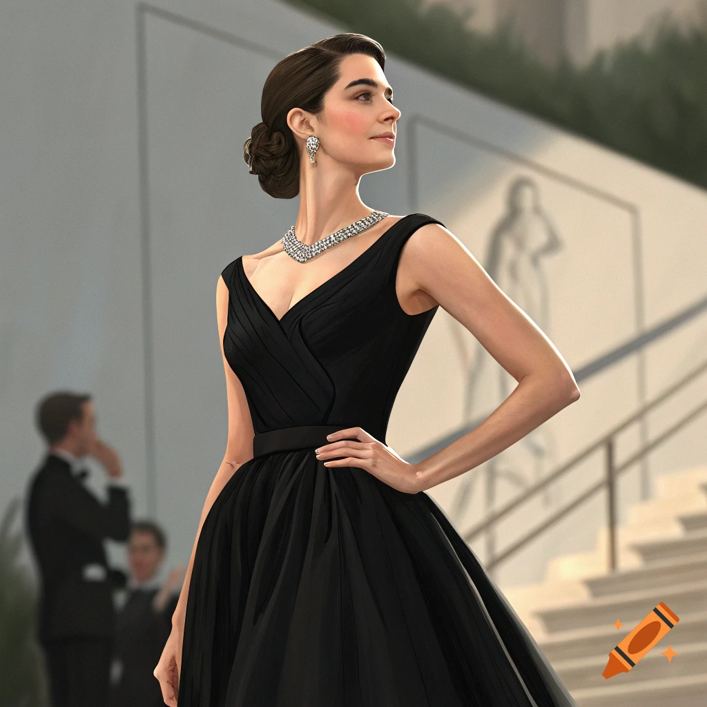 Woman in black dress and jewelry on stairs