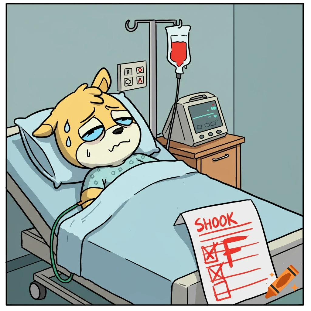 Cartoon animal character in hospital bed hooked up to IV, next to a test showing 'SHOOK' and an 'F' grade.