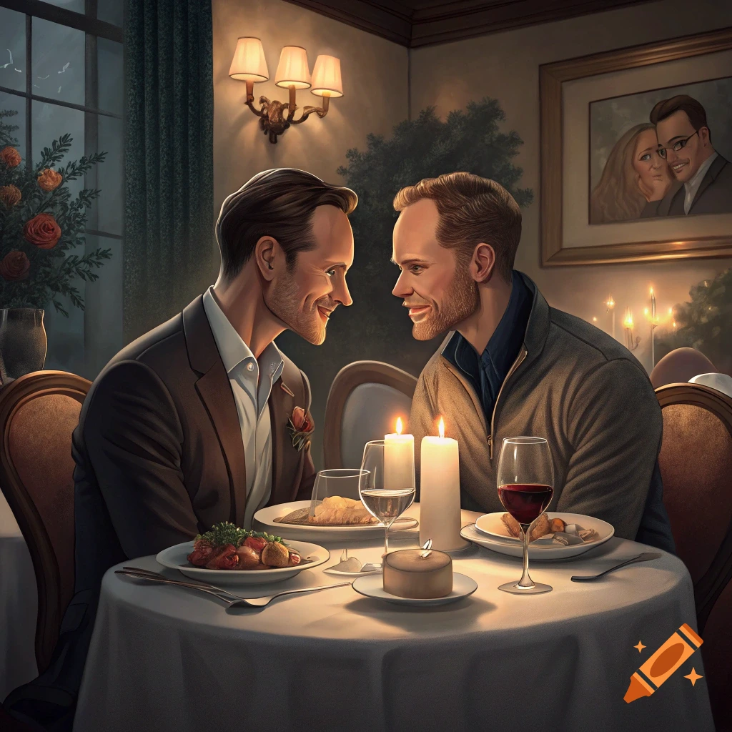 Two men smile at each other across a candlelit dinner table.