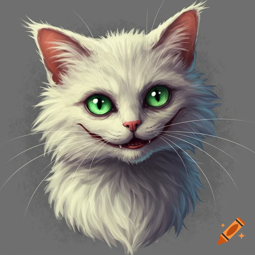 A scary cute white cat face with green eyes and fangs.