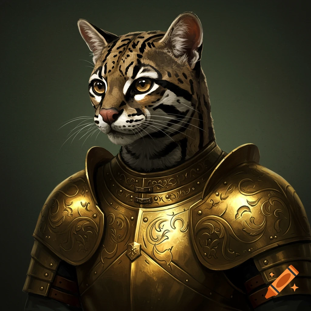 An ocelot wearing golden armor.