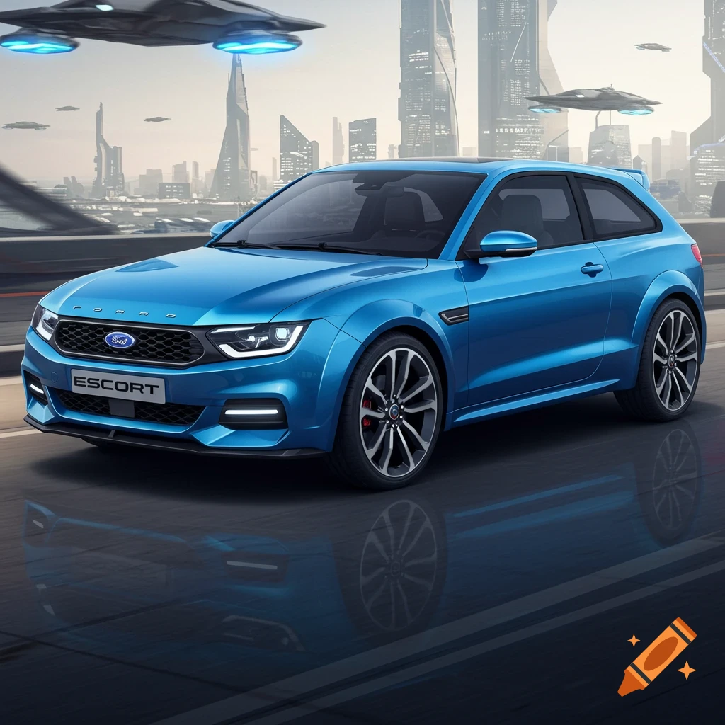 A blue futuristic car drives on a road with flying objects and skyscrapers in the background.