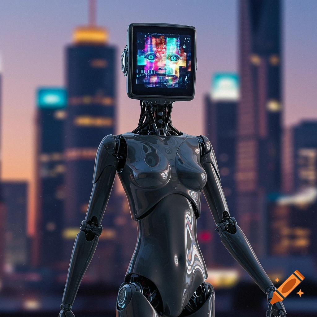 A humanoid robot with a screen face stands against a blurry cityscape at dusk.