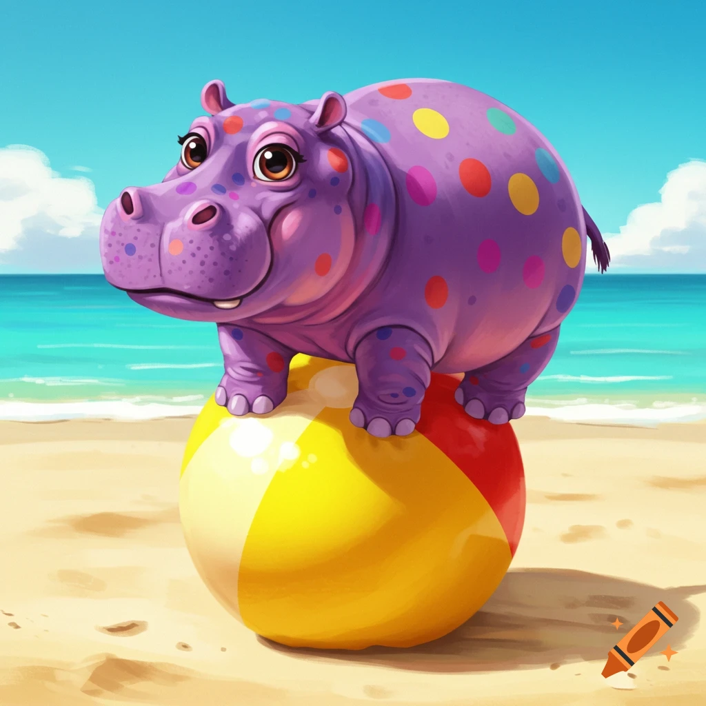 A purple polka-dotted hippo balances on a beach ball on a sandy beach.