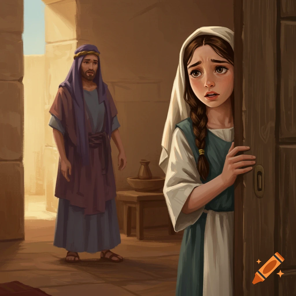 A distressed girl is peeking from behind a door, with a man in robes standing in the background.