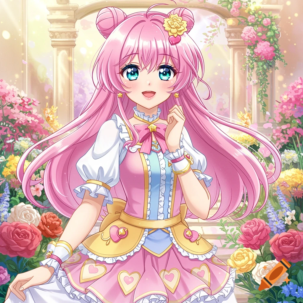 A cheerful anime girl with pink hair in a vibrant flower garden.
