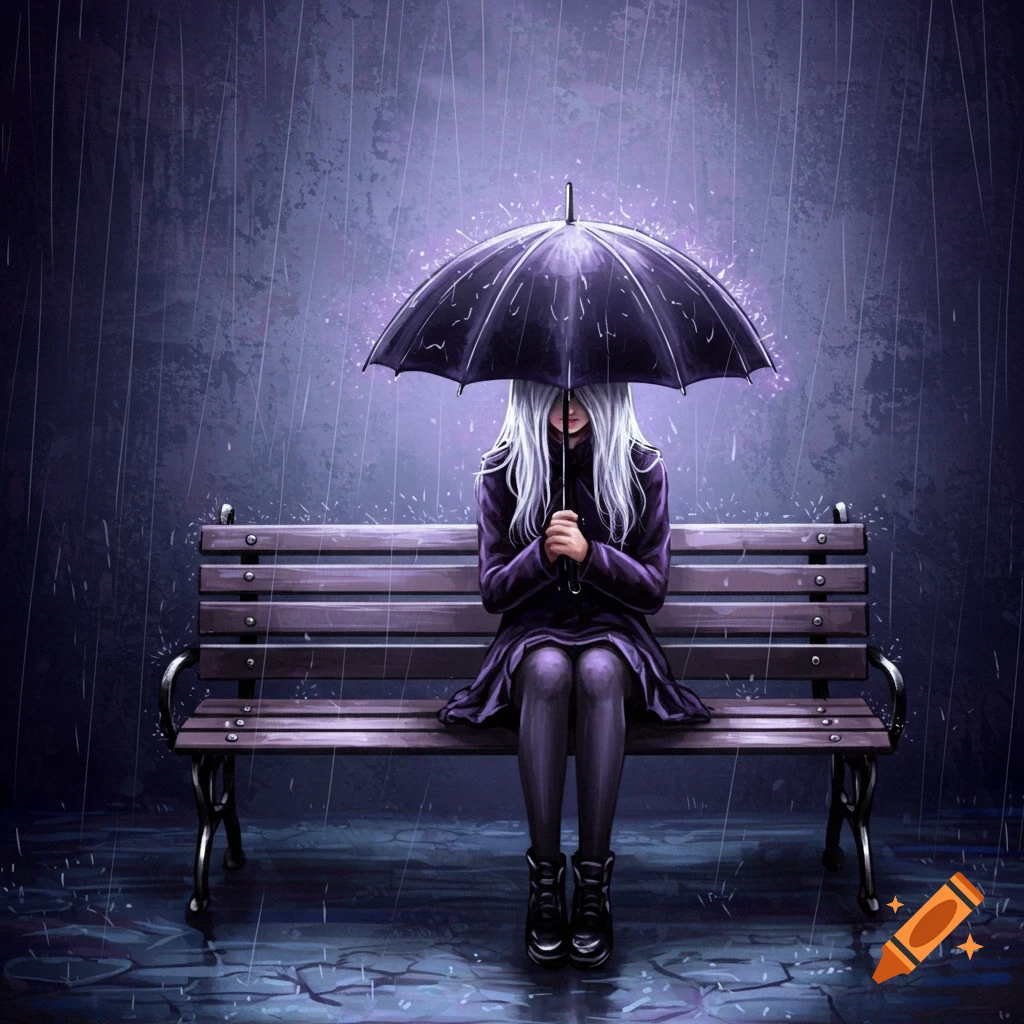 A girl with an umbrella sits on a bench in the rain.