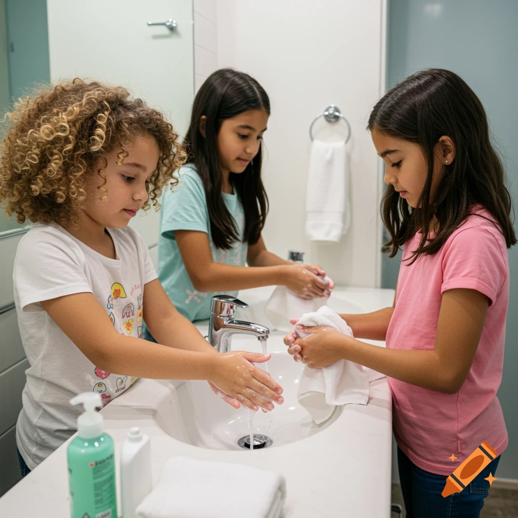 Three young girls wash and dry their hands at a bathroom sink.