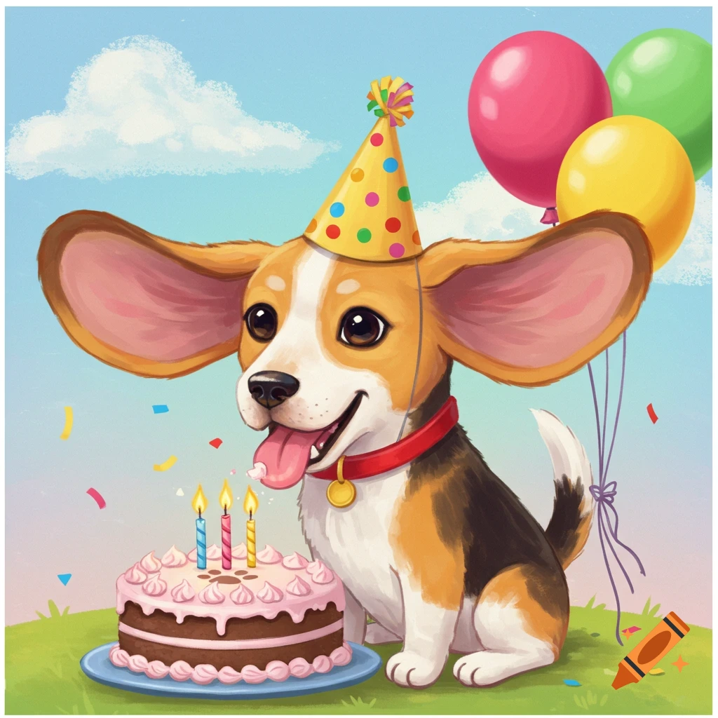 A beagle wearing a party hat sitting next to a birthday cake with balloons.