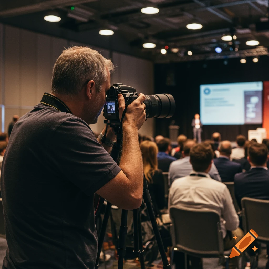 Photographer filming a presentation on stage during an event.
