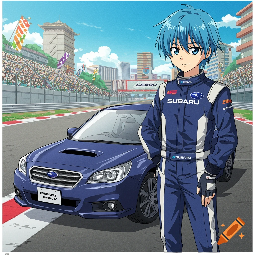 An anime character in a blue racing suit stands next to a blue Subaru Legacy car at a race track.