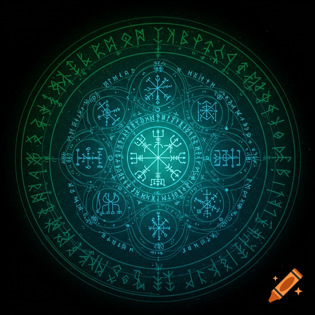 An intricate circular design with glowing green and blue runic symbols on a black background.