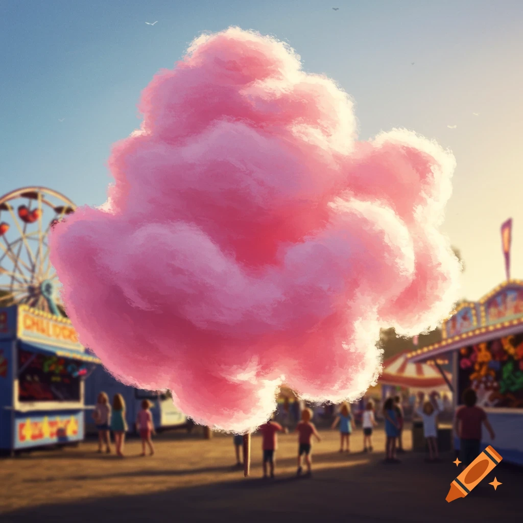 A giant pink cotton candy cloud floats over a bustling fairground at sunset, digital art.