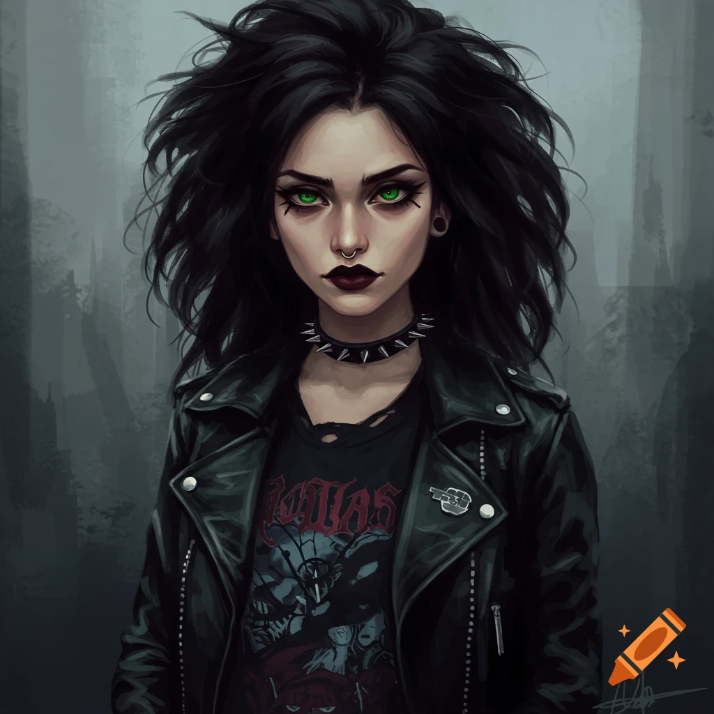A woman with messy black hair and green eyes, wearing a spiked choker, leather jacket, and band t-shirt.