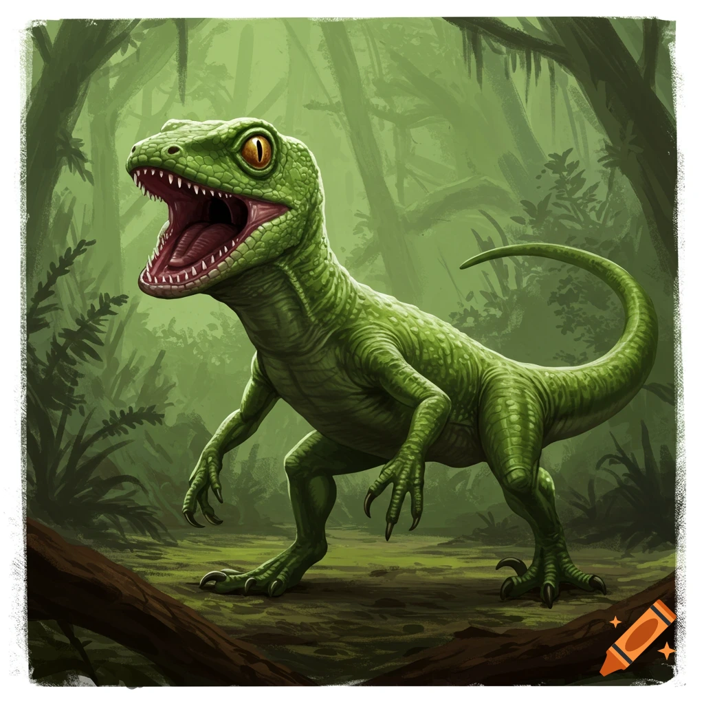 A green dinosaur with its mouth open stands in a jungle.