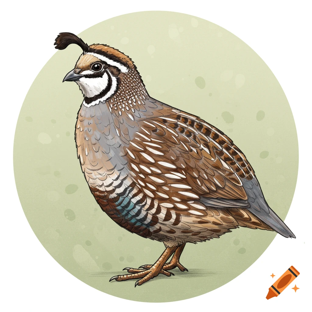 Illustration of a quail on a light green circular background.