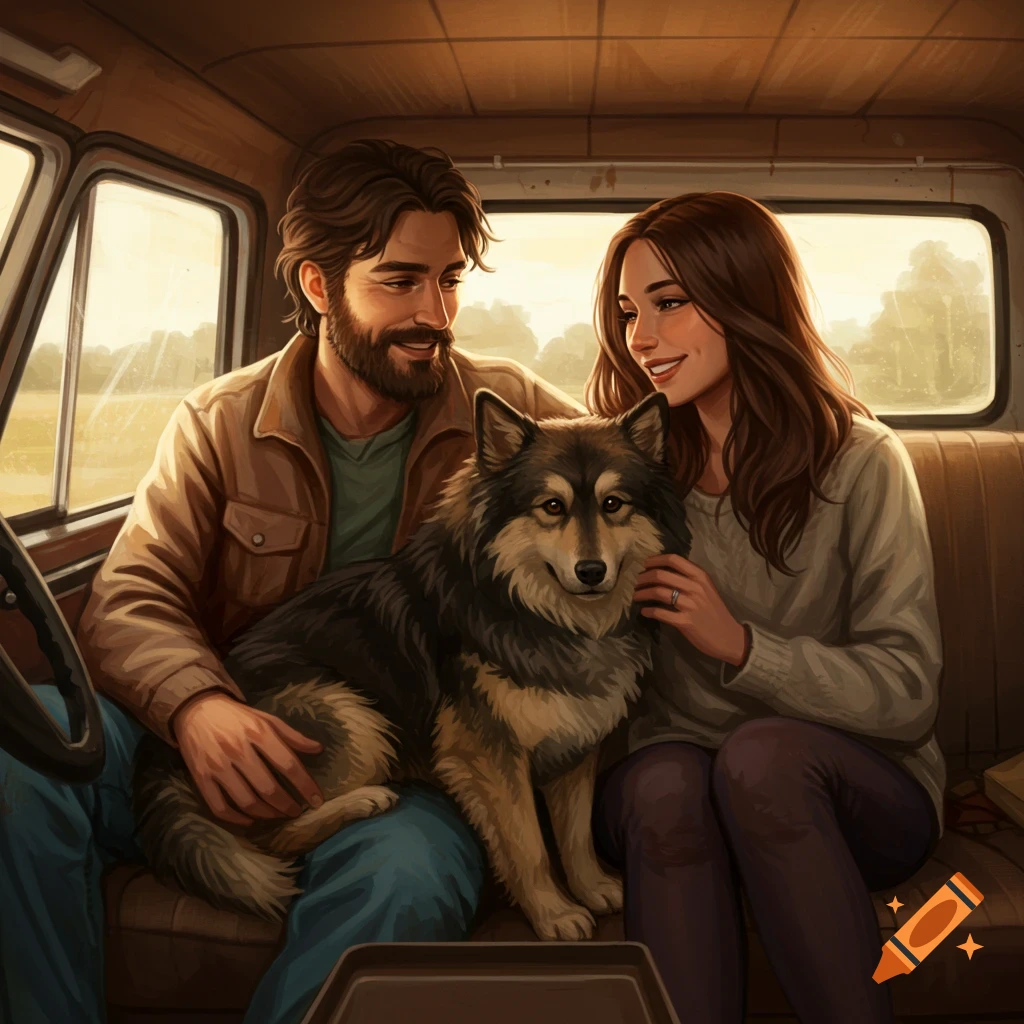 A couple and their dog sitting in the front of a truck.