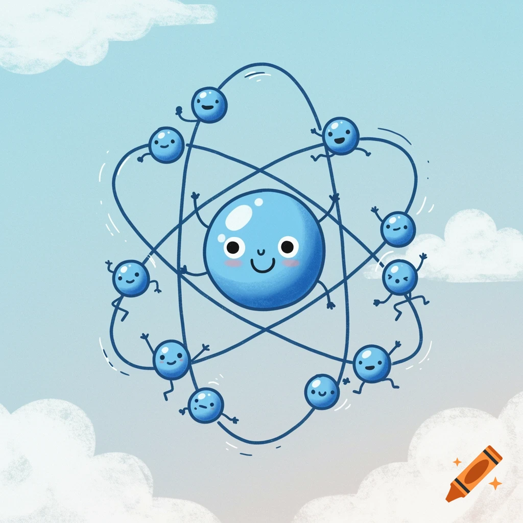 Whimsical cartoon illustration of a smiling blue atom nucleus with several small, happy electron characters orbiting around it against a cloudy blue sky.