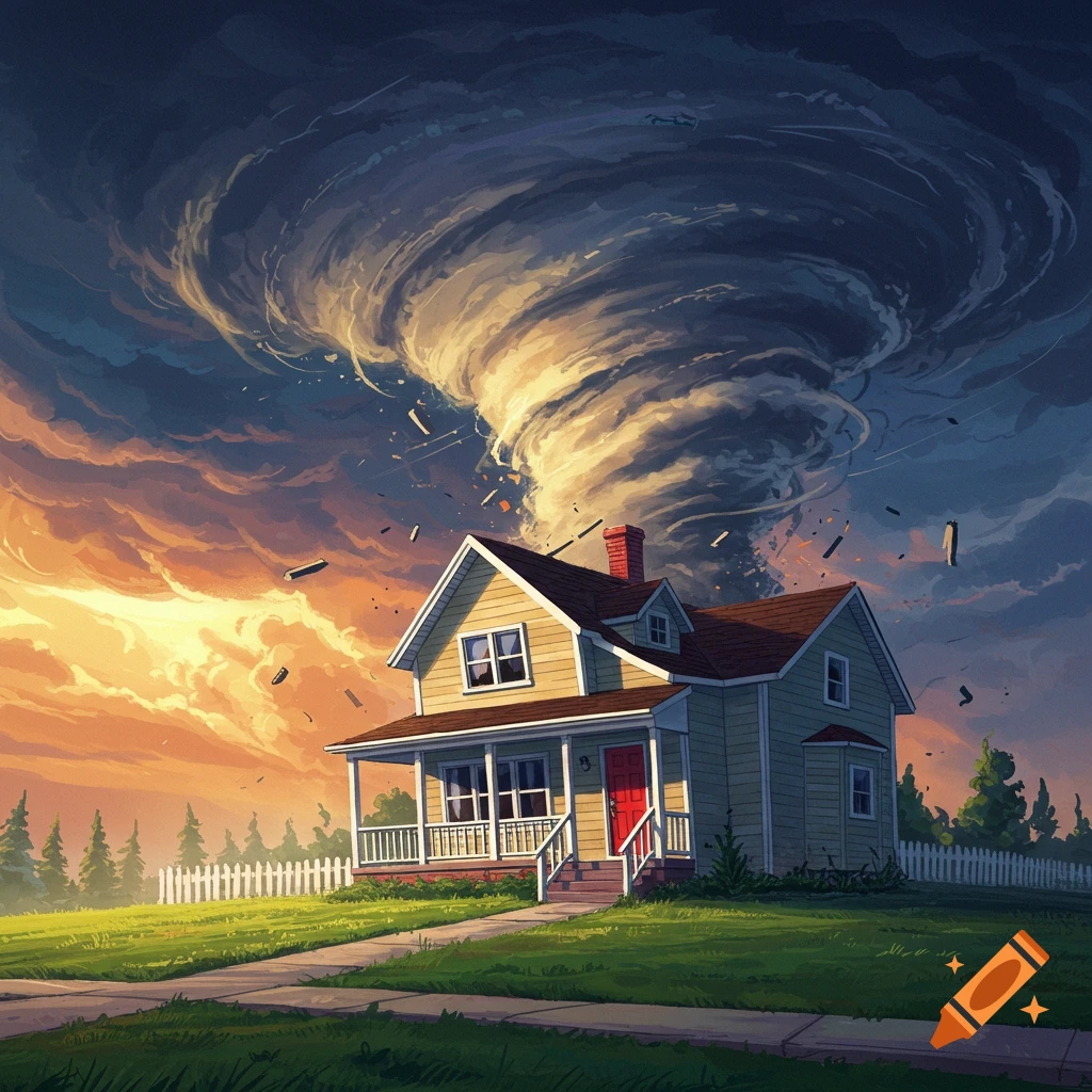 A house with a large tornado approaching under a dramatic sky