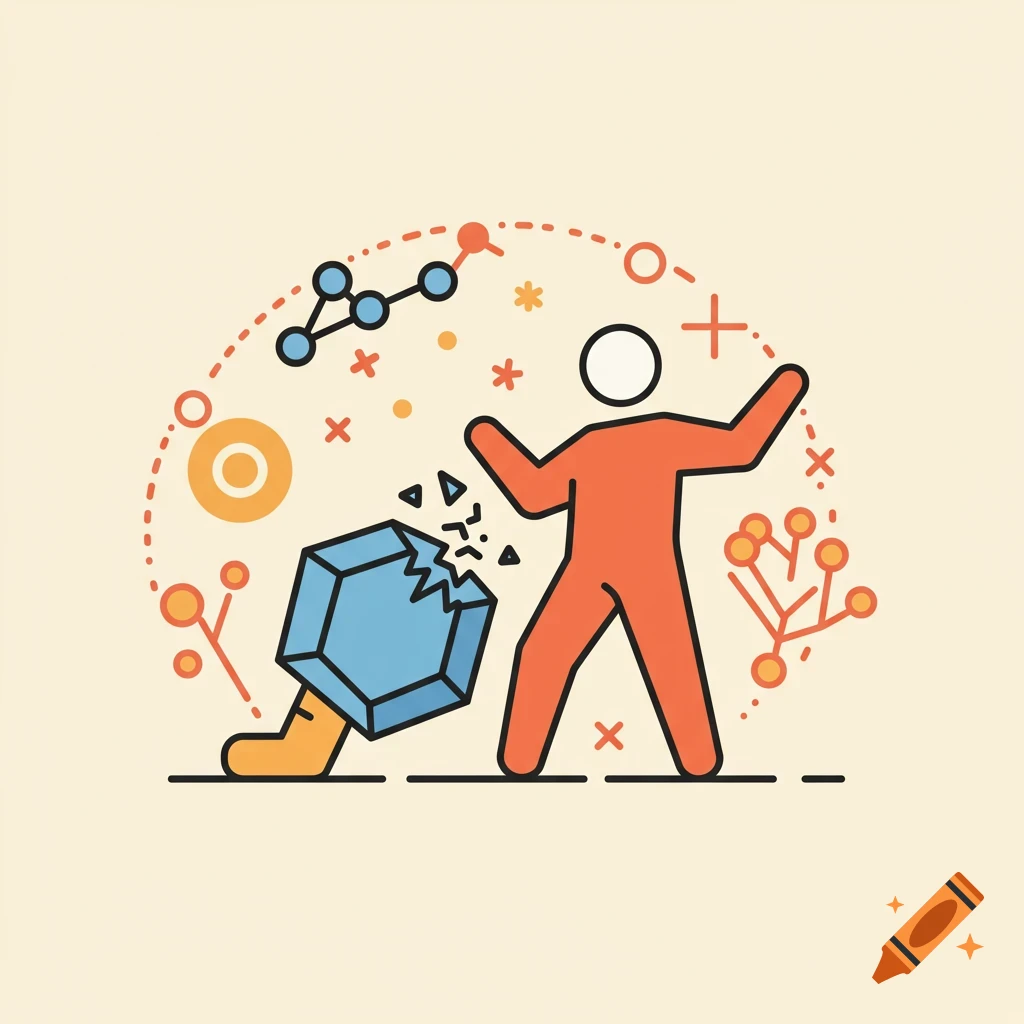 A stylized icon of a figure breaking a large crystal, surrounded by abstract shapes and lines.