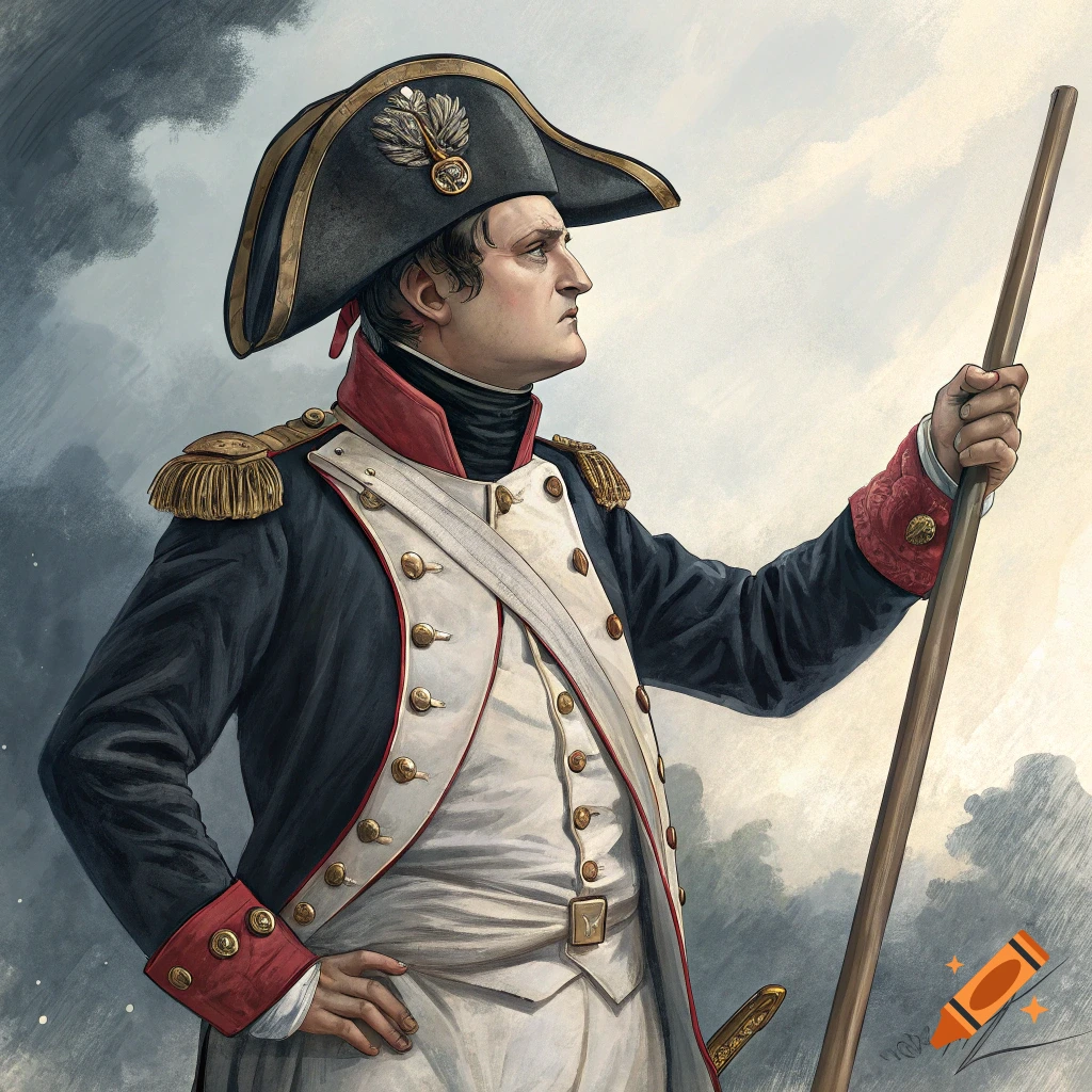 Illustration of Napoleon Bonaparte in his military uniform, holding a staff, against a cloudy sky.