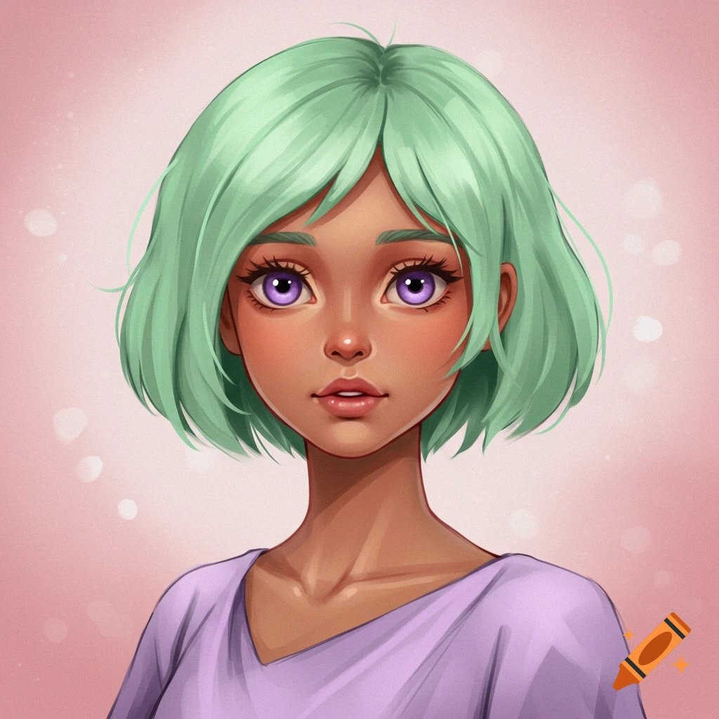 Stylized portrait of a young woman with short mint green hair, light brown skin, and purple eyes wearing a purple shirt.
