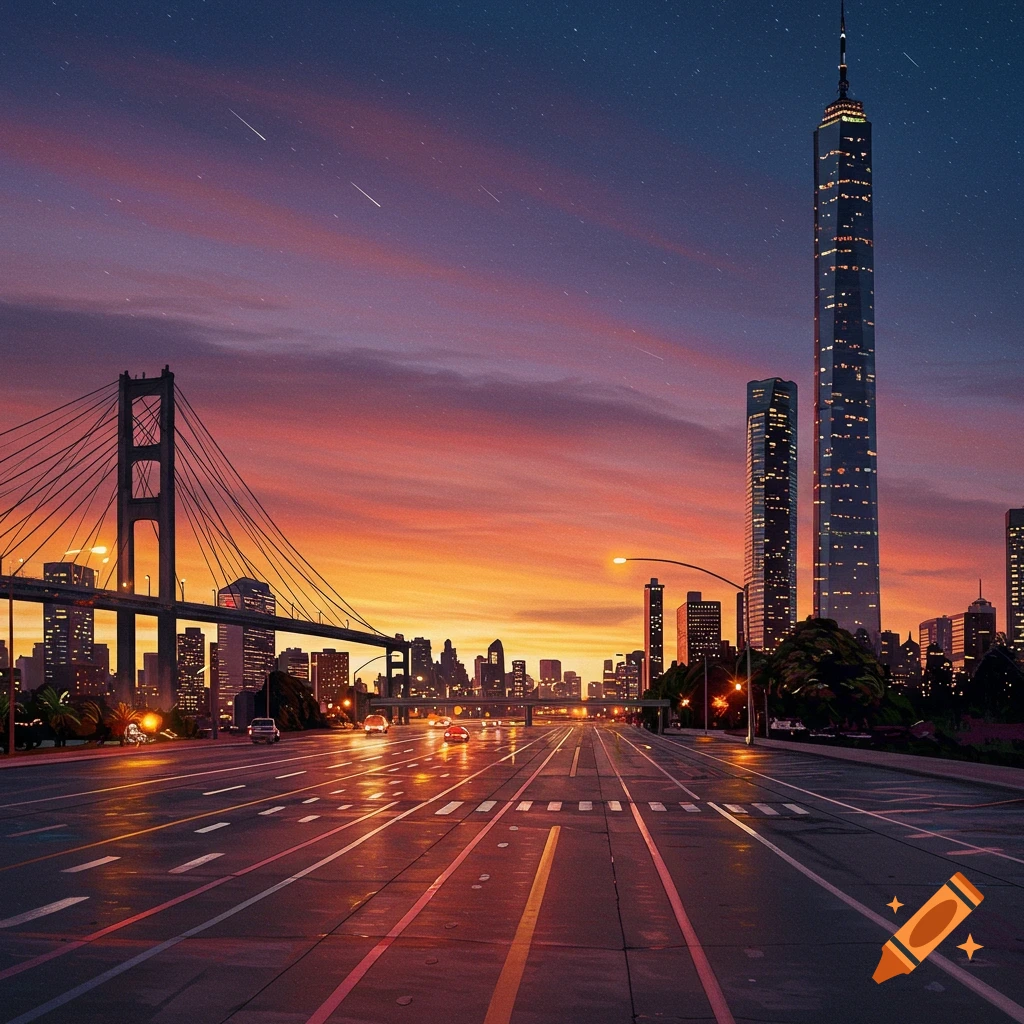 A cityscape at sunset/dusk with a bridge, tall buildings, and highway.