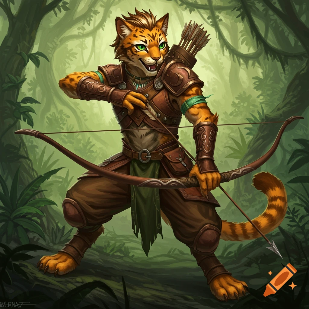 A feline archer in leather armor draws a bow in a forest.
