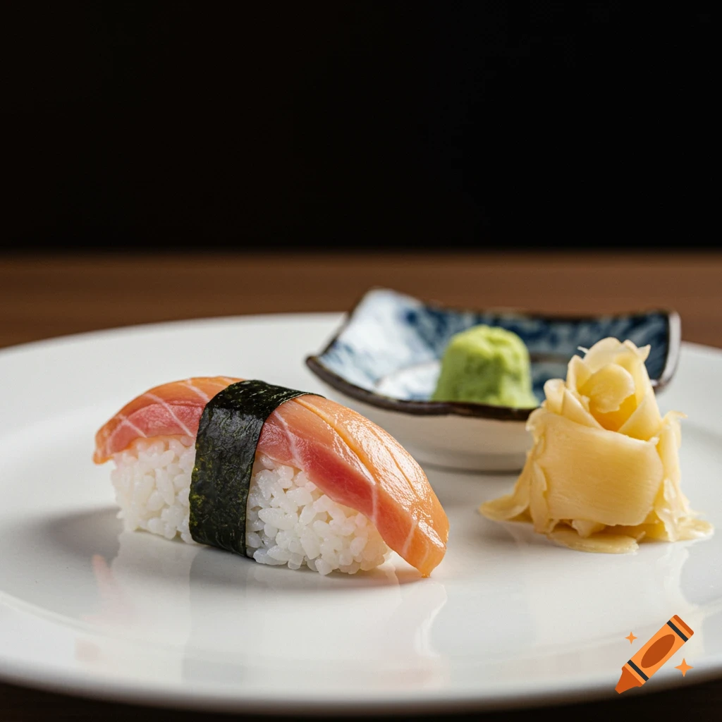 A single salmon nigiri sushi roll with ginger and wasabi on a white plate.