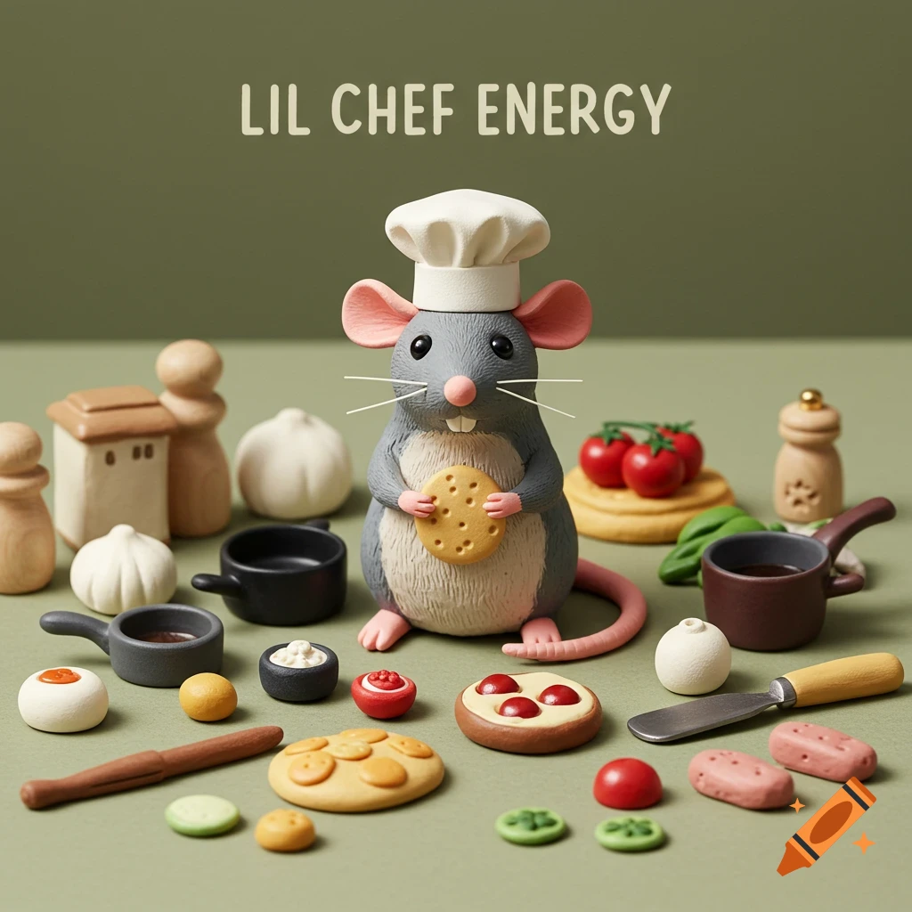 Claymation rat chef holding a cookie, surrounded by miniature food and cooking items.